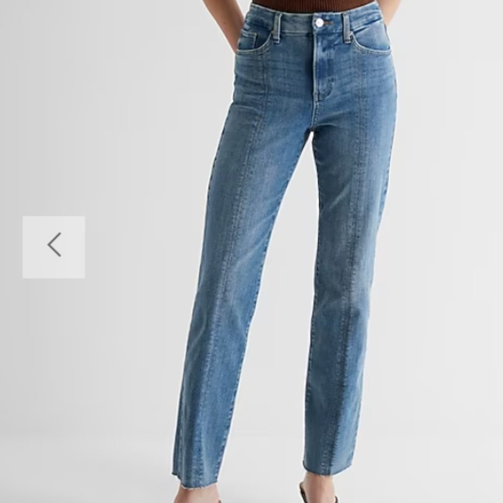 Express | High Waisted FlexX Raw Hem Front Seam Modern Straight Jeans